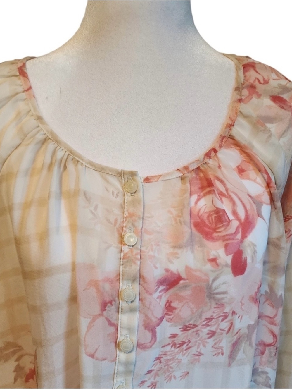LC Lauren Conrad Cream Sheer Floral Button-Front Blouse with Pink Roses